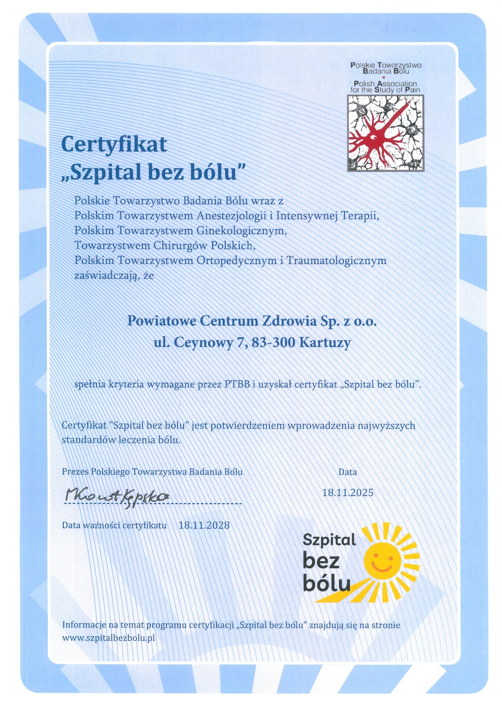 Szpital Powiatowy w Kartuzach otrzymał certyfikat „Szpital bez bólu”